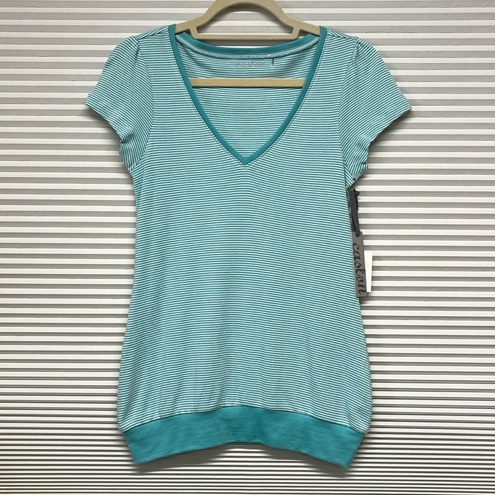 Caslon NWT Turquoise and White Stripe V-neck Banded Bottom Hem T-Shirt